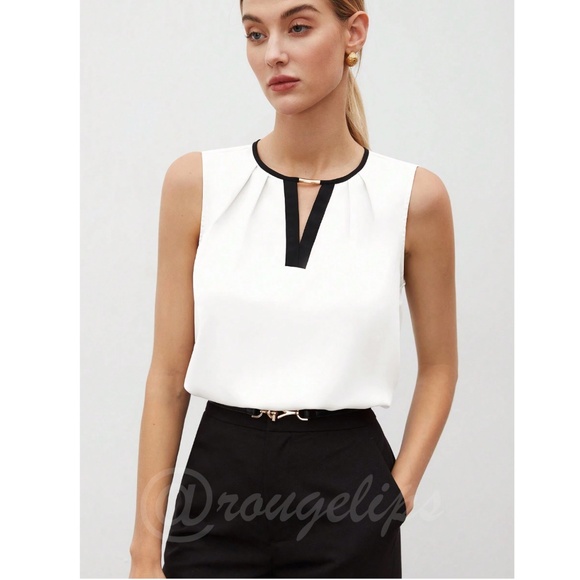 White Sleeveless Blouse Top Black V-Neck Trim Gold Embellishment Detail - Picture 8 of 11